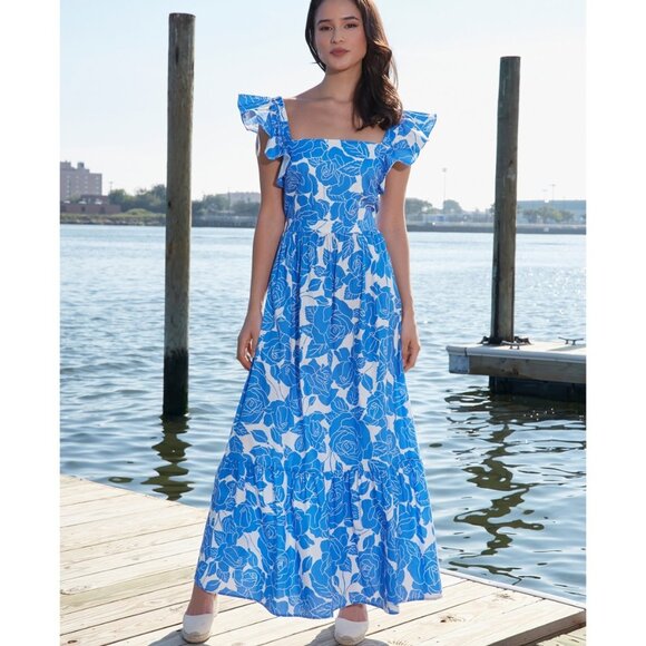 London Times Women's Square-Neck Ruffled-Sleeve Maxi Dress – Ivory/Blue – NWT 16 - Picture 1 of 4